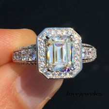 2CT Emerald Cut Real Moissanite Halo Engagement Wedding 925 Silver Ring