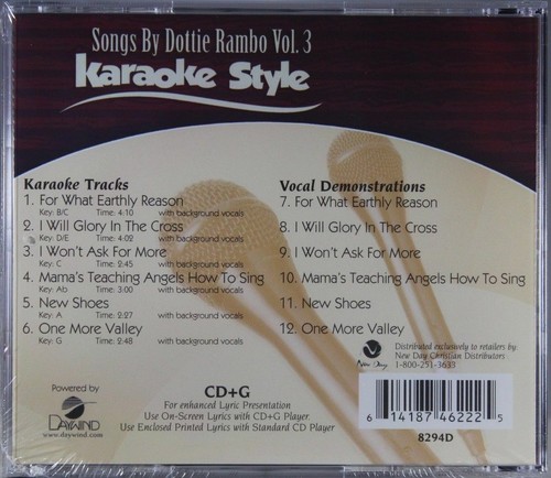 Songs by Dottie Rambo Volume 3 Christian Karaoke Style NEU CD+G Daywind 6 Songs - Bild 2 von 2