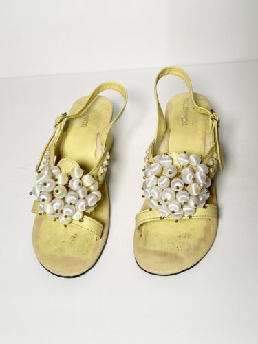 Vintage 1960s 1970s Vagabonds Pearl Beaded Satin Ball Sandal Heel Shoes Yellow 7 - Picture 7 of 22