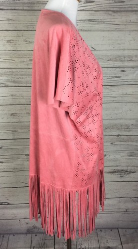 Ruby Rd. Women Pink Open Faux Suede Fringe Eyelet Stretch Jacket Cardigan Size M - Picture 7 of 9