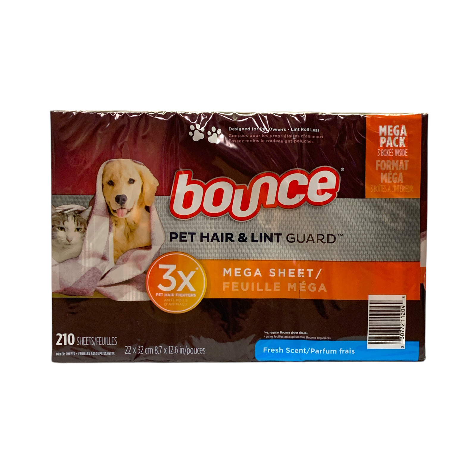 Простыни для сушки шерсти домашних животных Bounce Pet Hair - Lint Guard со свежим ароматом, 3 упаковки, 210 карат.