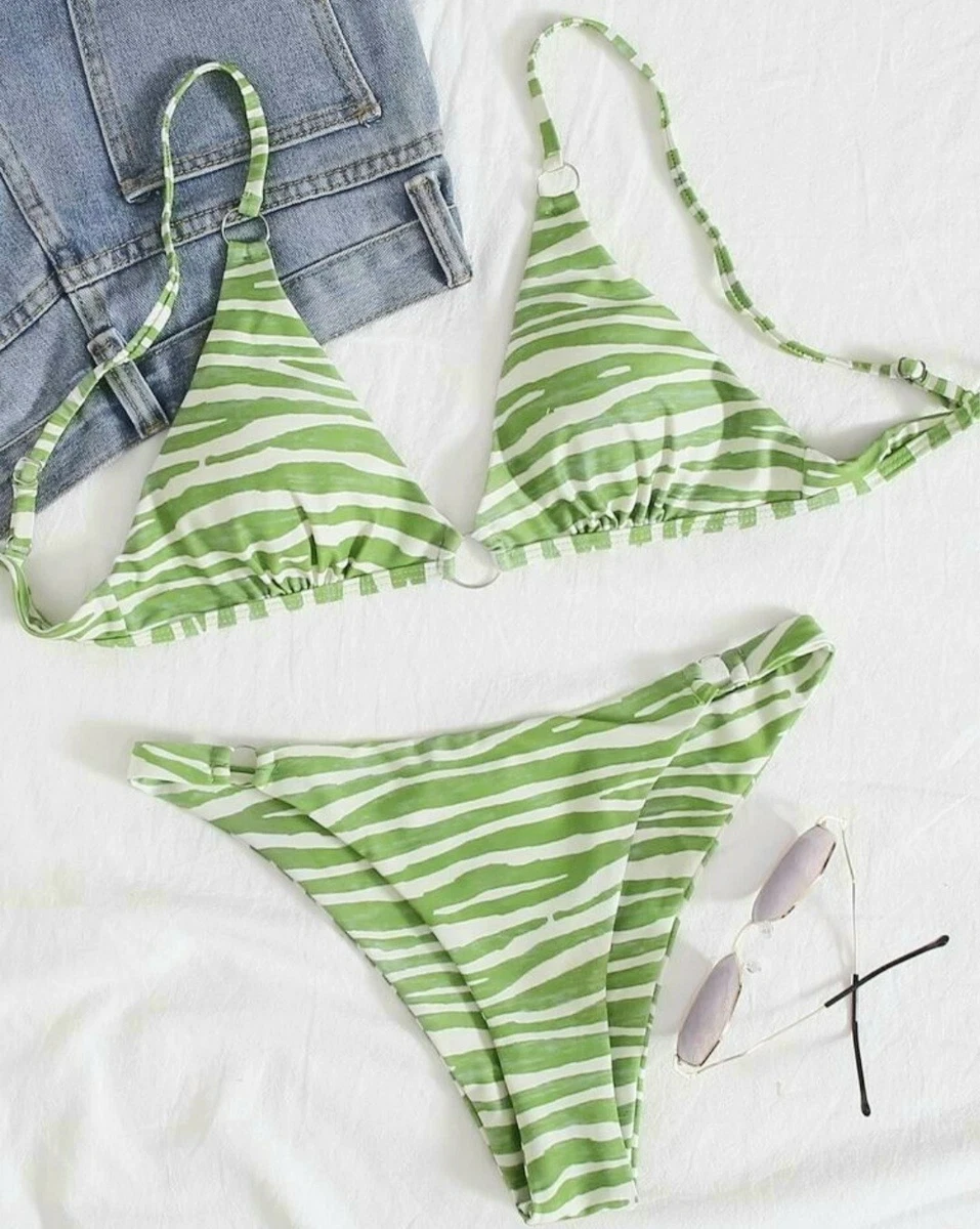 New Women's Swimwear Shein Tango Bikini Set Zebra Stripe Green Sz