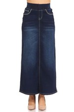 Women's Juniors/Plus Size Stretch Denim Long Skirt with Elastic Waist and Emb...