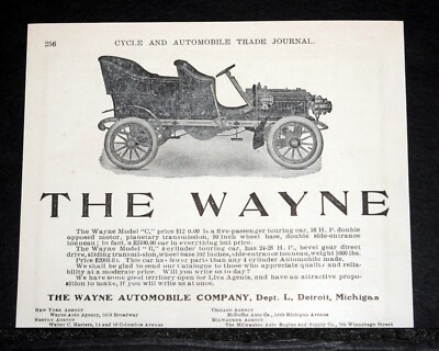 1905 OLD MAGAZINE PRINT AD, WAYNE ''MODEL C'' & ''MODEL B'' TOURING CARS, 16-28 HP!