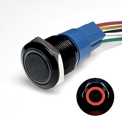  Black Aluminum Push Button Switch with Socket, 3A 12vDC Ring LED, Latching Red
