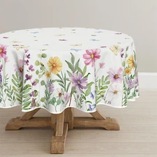 Spring Tablecloth 60"×60"Round Wildflowers Floral Butterfly Washable Table Cover