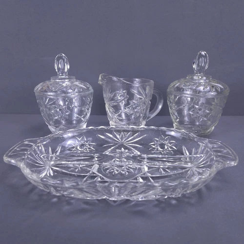 Vintage Anchor Hocking EAPC Glass Star of David Dish Creamer Sugar Salt Bowl Set