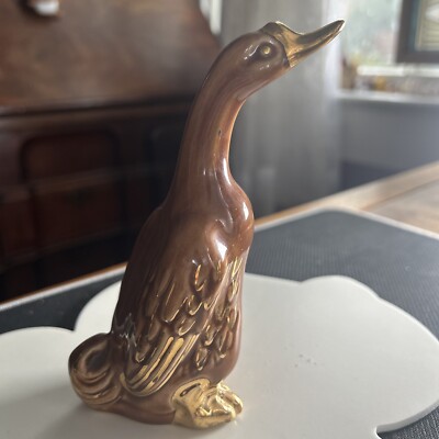 Vintage Porcelain Peking Duck Brown With Gold Trim 6'' Figurine