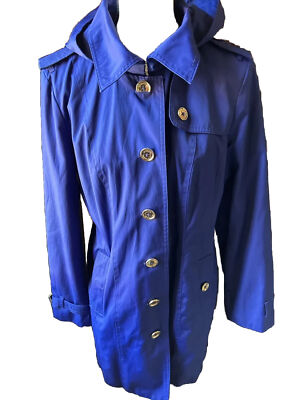    Michael Kors Ladies Blue Trench Coat Size L Gold Buttons Long Sleeve