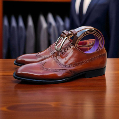 Luxury Oxford Dress Shoes, Handmade Brown Leather Brogues   Classic Wingtip Shoe