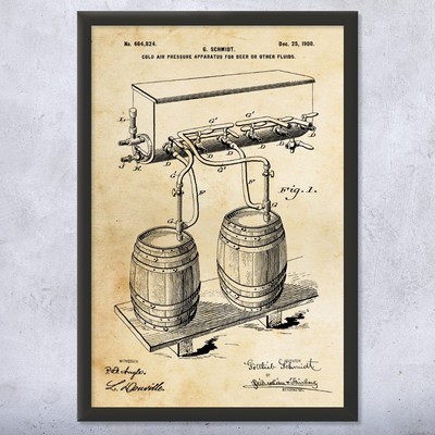 Beer Keg & Tap Patent Wall Art Poster, Canvas or Framed Bar Art Brewing Gift