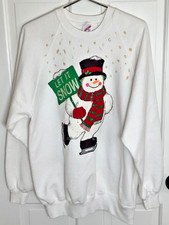 JERZEES SWEATSHIRT SNOWMAN Let it Snow XL WHITE GREEN RED GLITTER EUC