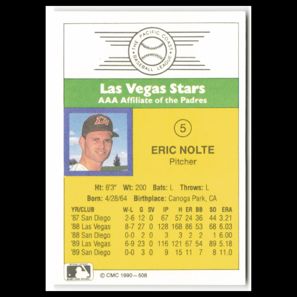 Eric Nolte #5 1990 CMC Pacific Leauge Las Vegas Stars Baseball Card MLB NM - Image 2 of 3