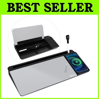 Glass Desk Whiteboard with Wireless Charger - Black & Gray