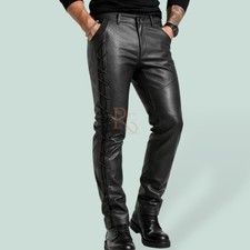 Mens Genuine Lambskin Leather Pants Black Slim Fit Lace Up Biker Trousers Zip