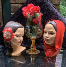 Lot of 2 Female Decorative Mannequin Heads, Beige/Red Headscarf Italy Hawaii