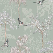 Papier Peint Japonais Oriental Wisteria Arbres Oiseaux Vert 946102