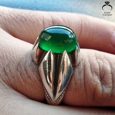Handmade Green Yemeni Aqeeq Natural Agate Ring Unique Elegant Design Jewelry