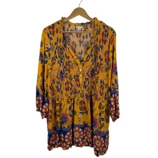 Avenue Smocked Floral Popover Tunic Top Size 26/28 Yellow Smocked Festival Boho