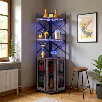 FURNITURE-ONLINE-OFFER 5 Tier Corner Wine Bar Drinks Cabinet Wooden Storage Shelves Rack 164cm Tall