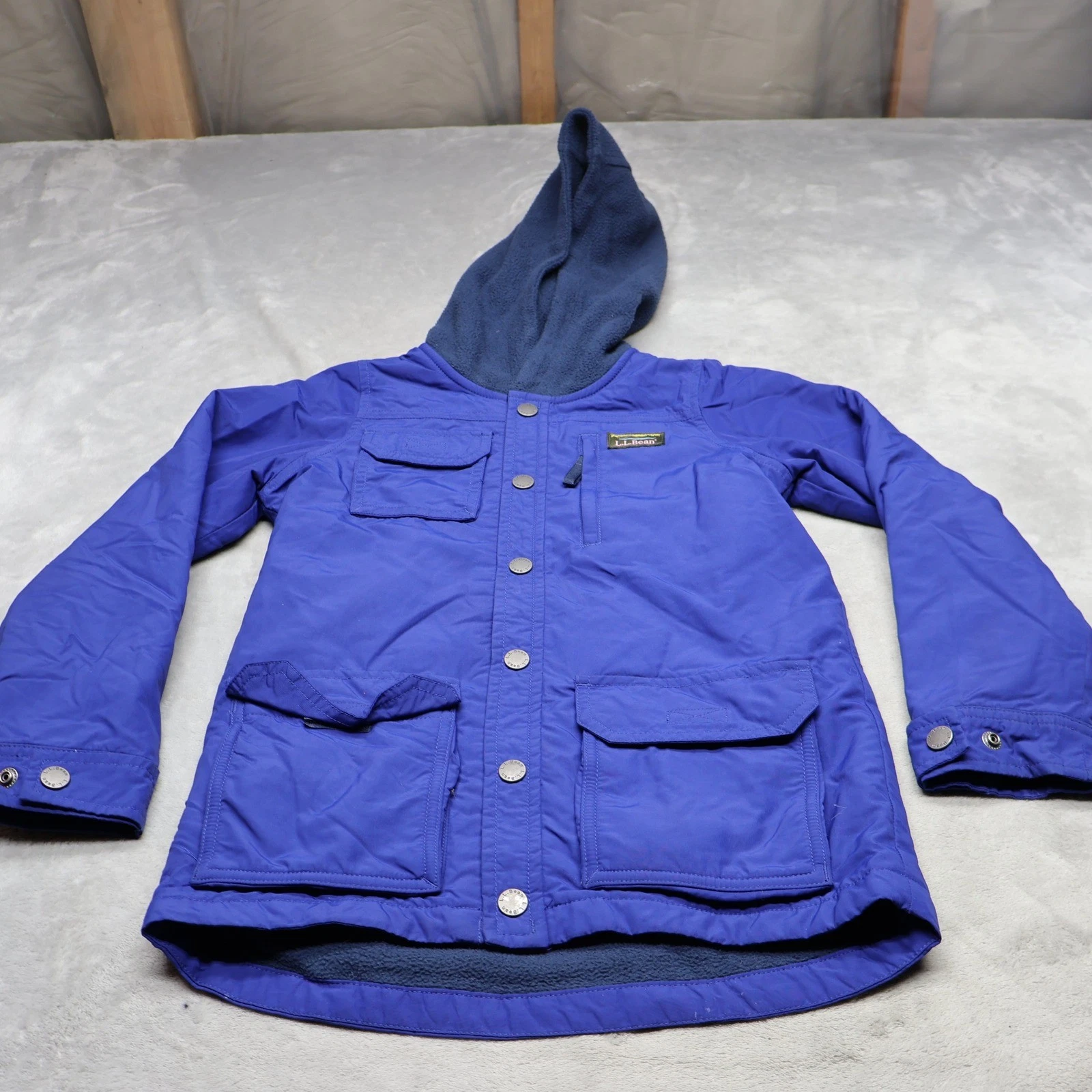 LL Bean Jacket Kids 6X/7 Blue Fleece Lined Wind Rain Snap Insulated Utility