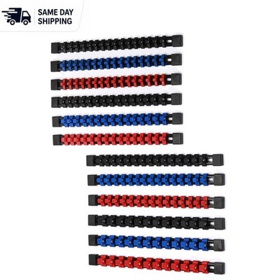 12PC  ABS Socket Organizer - Secure Tool Storage in Red, Blue & Black