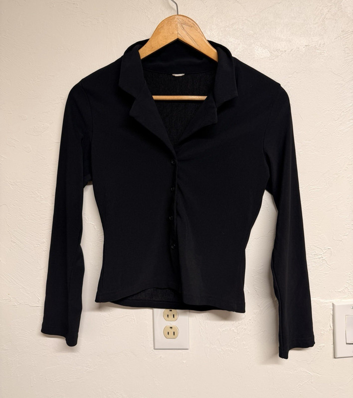 Black Solid Collared Long Sleeve Knit Cropped Button-Up Top Women’s Size S