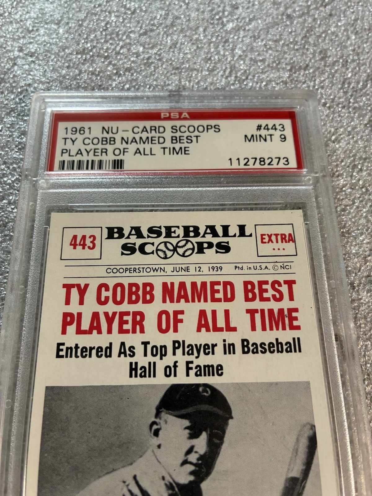 1961 Nu-Cards Scoops #443 PSA 9 Mint Ty Cobb Named Best Player Of All Time view 2