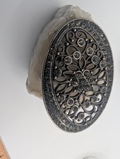Large Oval Rhinestone Belt Buckle Antique Silver Tone Filigree Design Western