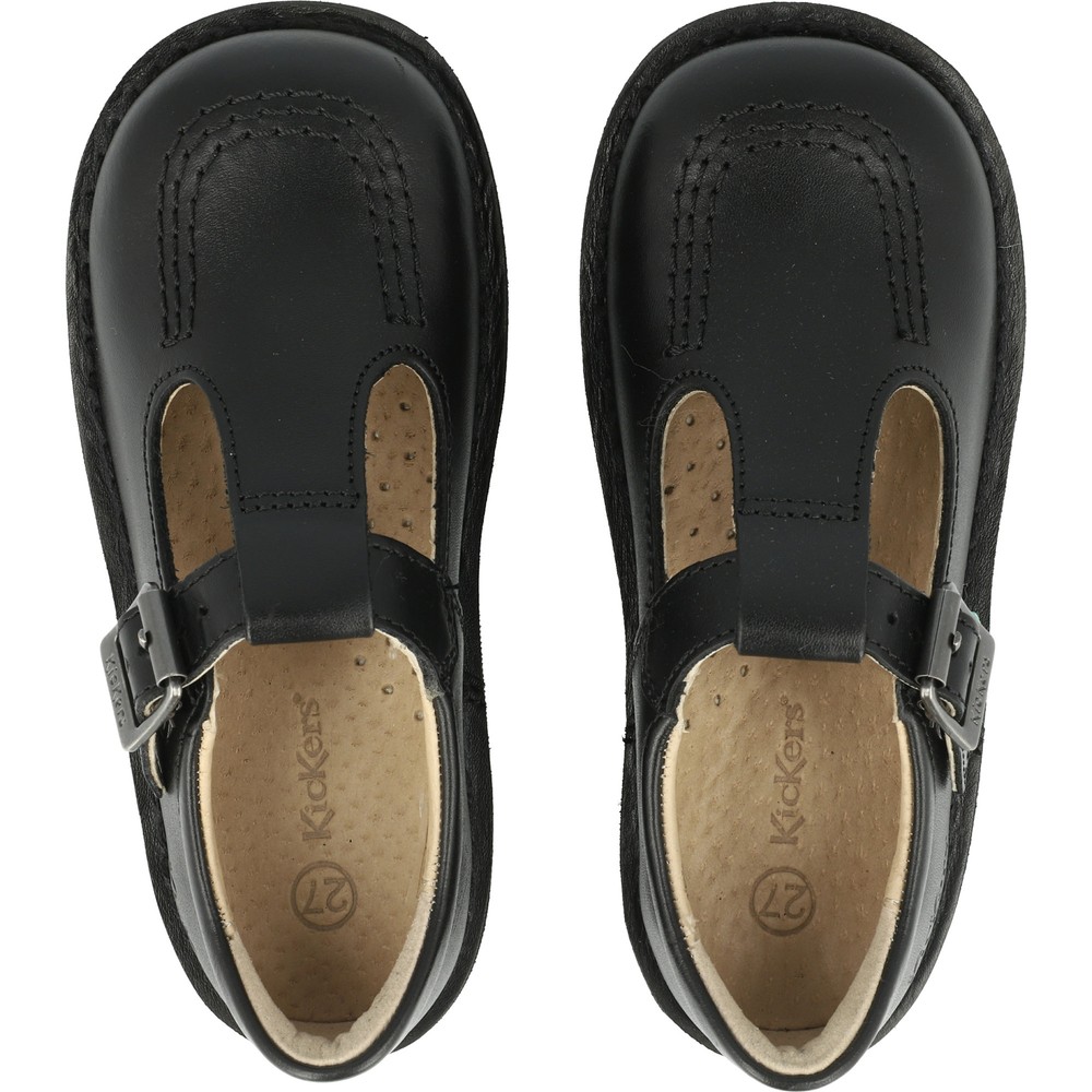 Kickers Kick T-Bar Black Shoes Kids Classic Leather Strap Buckle Comfy Iconic