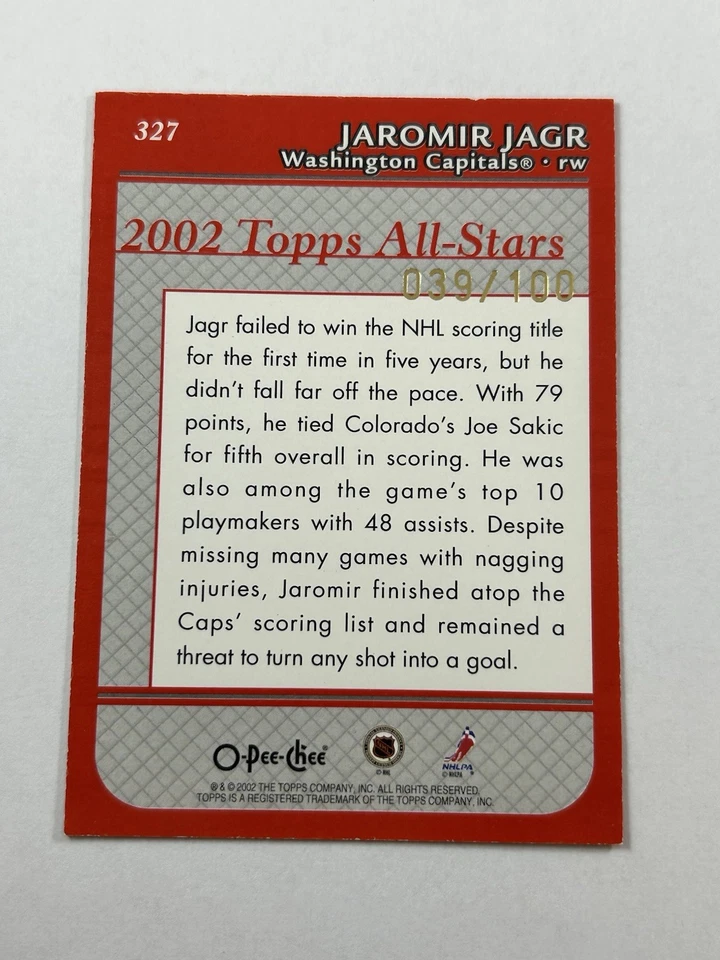2002 O-Pee-Chee Premier Jaromir Jagr All-Stars #327 Red /100 HOF - Image 2 of 3