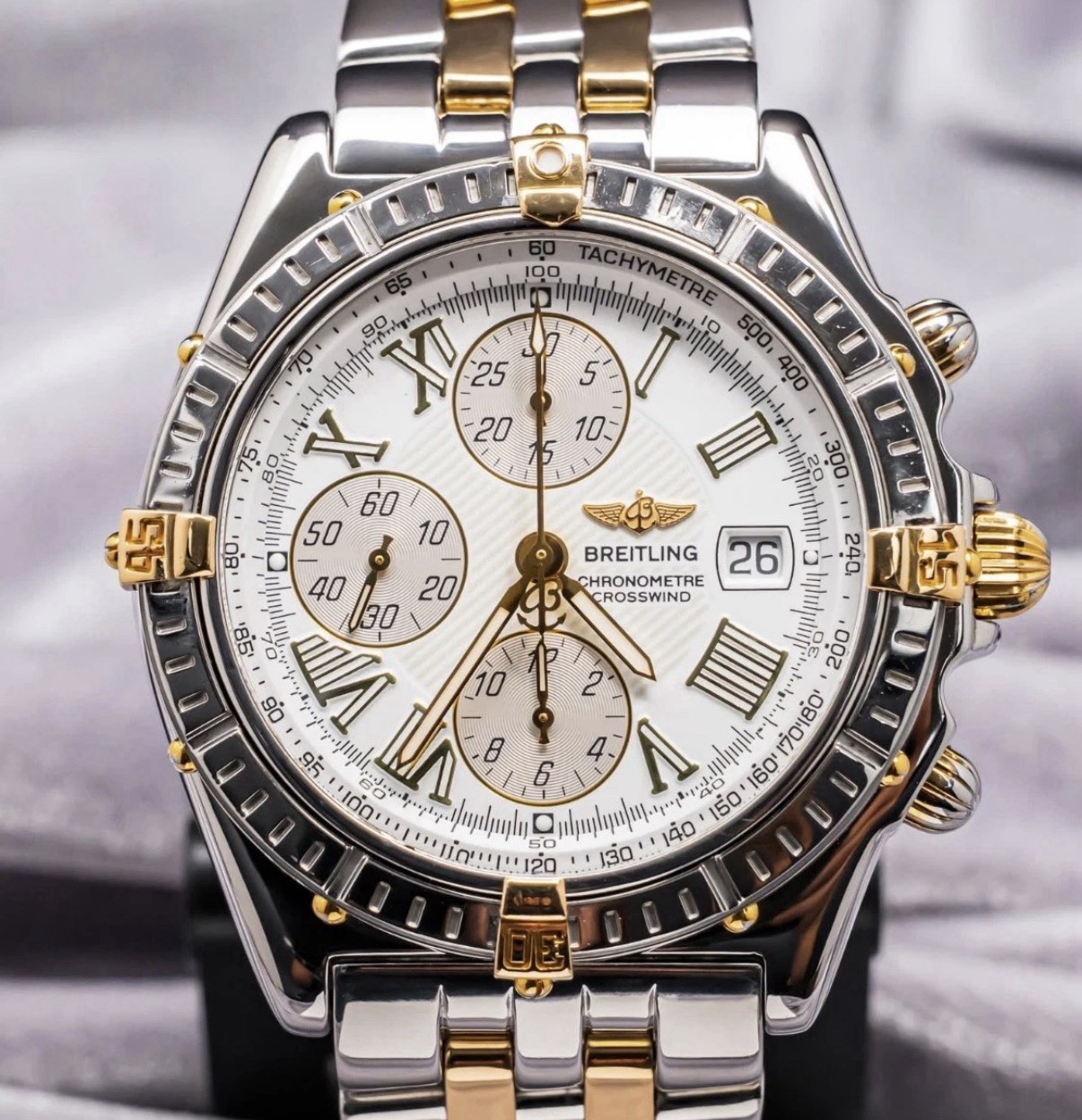 Breitling Crosswind 43mm Yellow Gold Windrider White Chronograph Automatic B1335