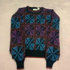 Vintage Abstract Knitted Jumper Patterned Grandad Knit Sweater Men's Xl