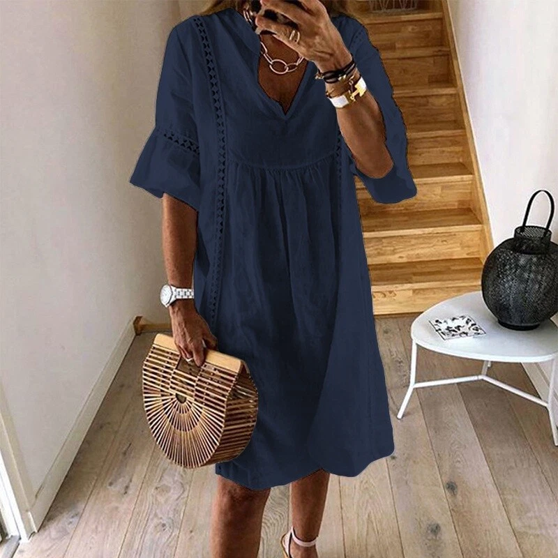 OFF WHITE Mini abito donna estivo mezza manica pizzo casual sciolto cotone abiti smock plus