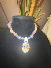 Glass Bead & Glass Pendant Necklace  15” Lot G