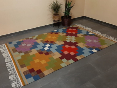 Designer Teppich Modern Schurwolle Wohnzimmer Handgewebt Kelim bunte Kästchen