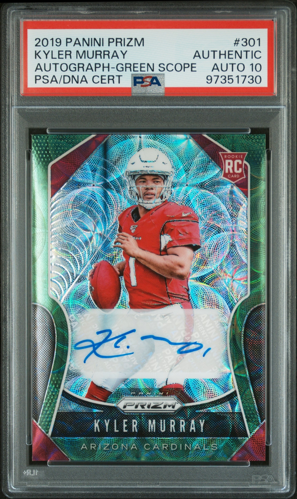 2019 Panini Prizm #301 Kyler Murray Rookie Green Scope #/75 PSA AUTO 10