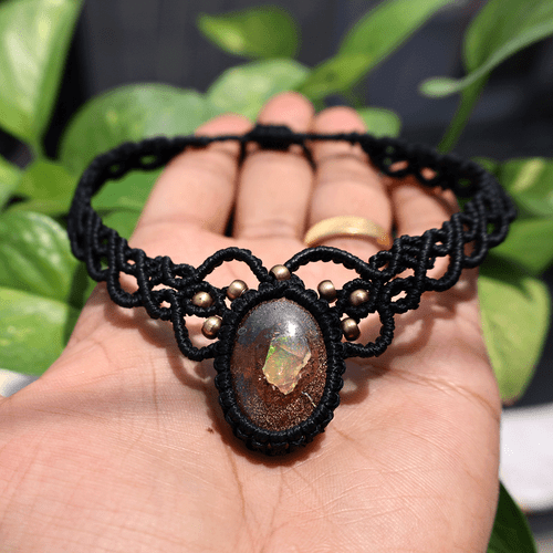 Handcrafted Australian Natural Boulder Opal Boho Macrame Choker Crystal Necklace - Picture 9 of 10