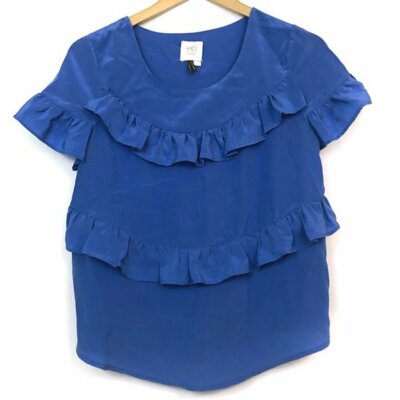 ANTHROPOLOGIE HD PARIS Blue Ruffle Silk Blouse Short Sleeve Top XS Extra Small