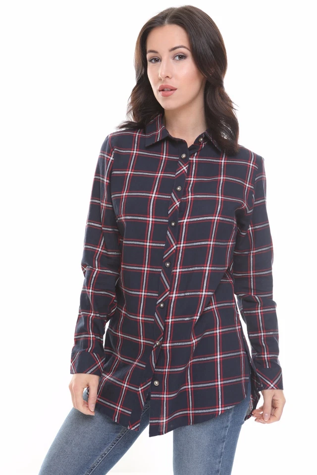 Womens Check Shirt Ladies Long Sleeve Plaid Check Summer Mini Dress UK Size 8-18 - Image 4 of 4