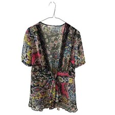 CABI Shear Black Floral Deep Neck Short Sleeve Blouse  Women's Size Medium
