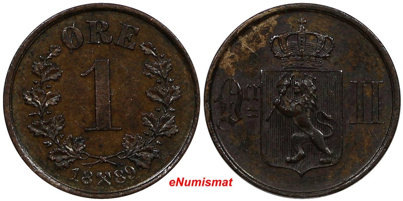 Norway Oscar II Bronze 1889 1 Ore XF Condition Norwegian Lion KM# 352 (9519)