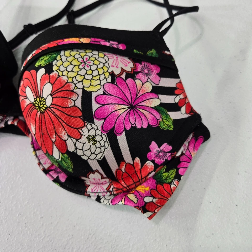 Бюстгальтер женский Victoria's Secret 32D черный цветочный в полоску с подкладкой на косточках - Изображение 3 из 4