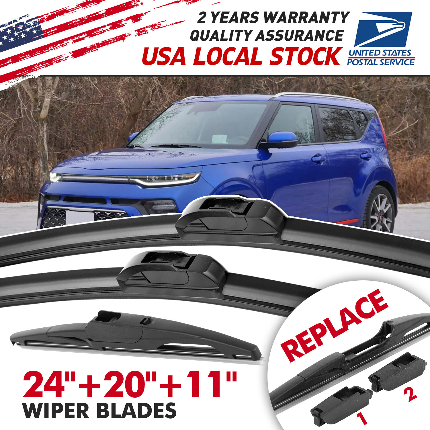 24 20 11 Inch No-Bracket Kia Soul Wiper Blades 2010-2022 Kit OEM Fit