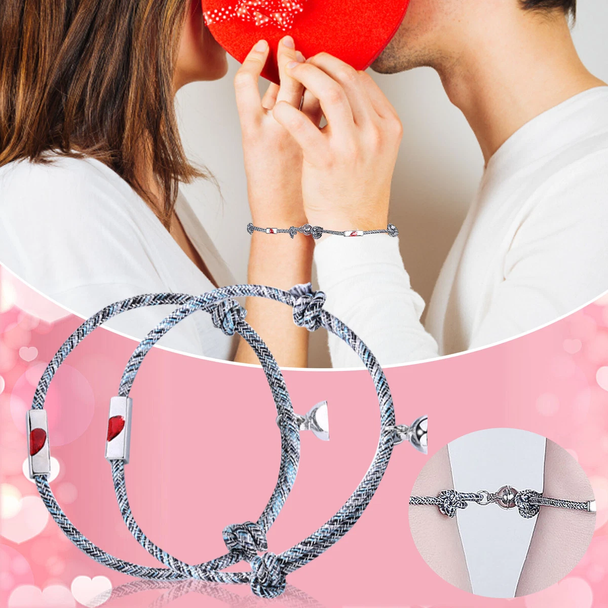 2PCS Couple Bracelet Gift Red Heart Tag Braided Rope Sports