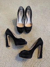 Miu Miu Camoscio Heel - Black Suede Peep Toe Platform Heel