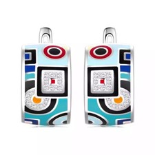    US Seller   Sterling silver 925 Geometric Enamel Design with CZ Earrings