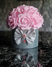 Artificial Baby Pink Roses Flower Box Silver Diamante Bow Luxury Gift Decor