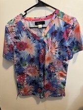 Floral Scrub Top Sz Med, V Neck Short Sleeve, Pockets, Polyester