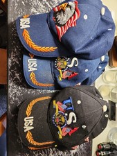 Hat Lot 4 American Hats With Flags, Stripes, And Stars, Blue And White Eagle USA